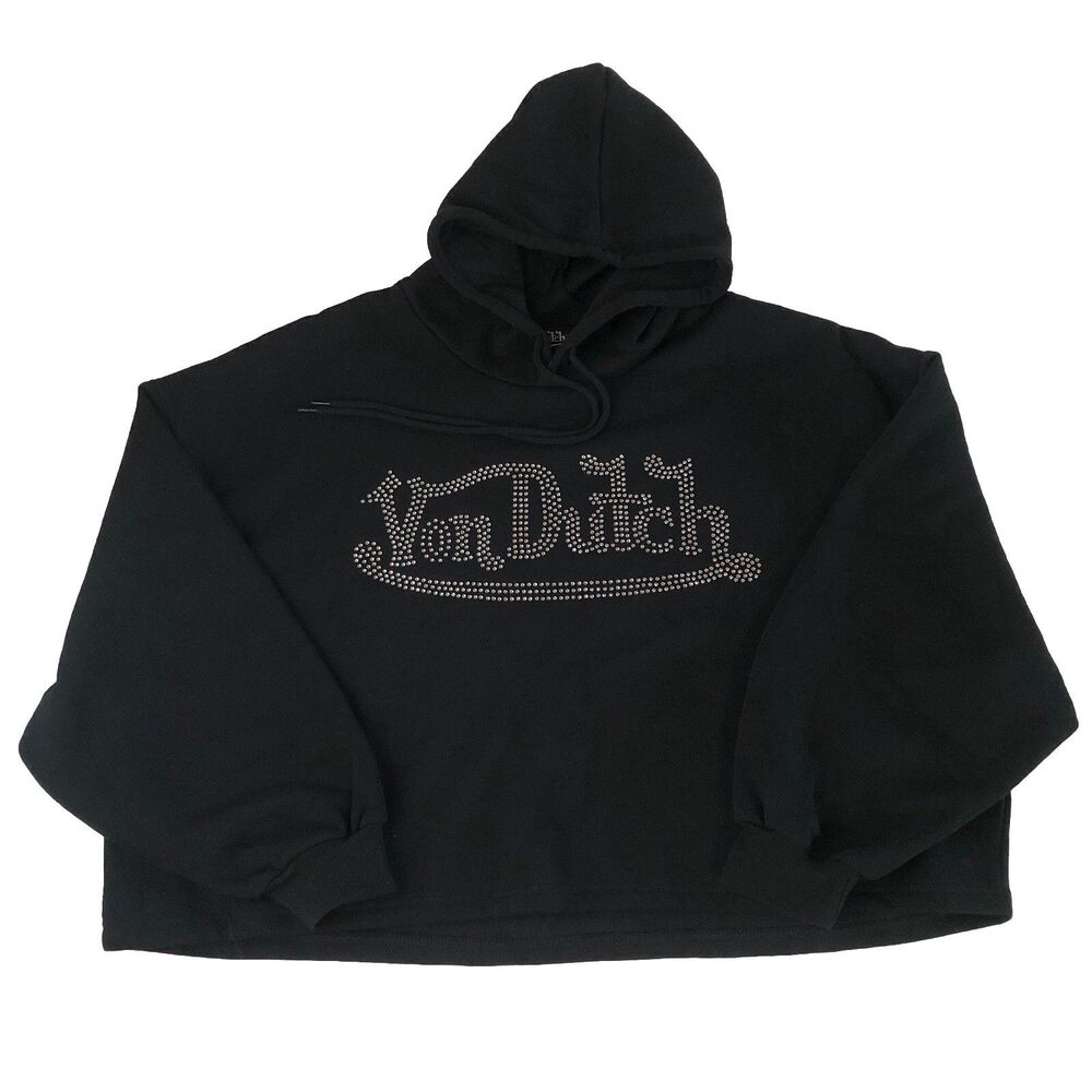 Von Dutch Women Y2K Rhinestone Cropped Pullover Oversized Hoodie Black Large NWT